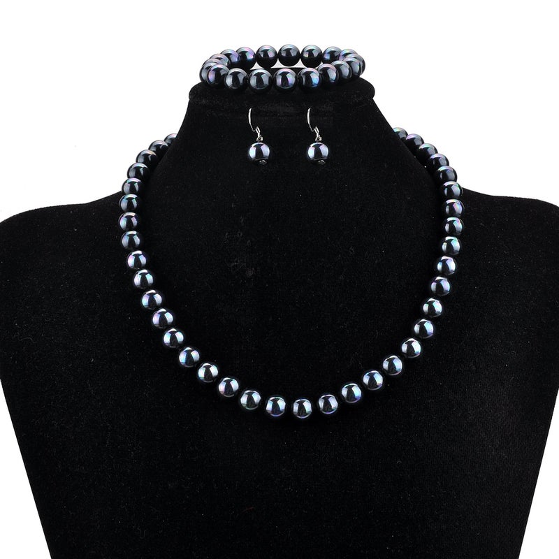 LUREME Fashion Style Pearl Elastic Necklace Bracelet Dangle Earring Set-Black(09000649-5) - Image 2